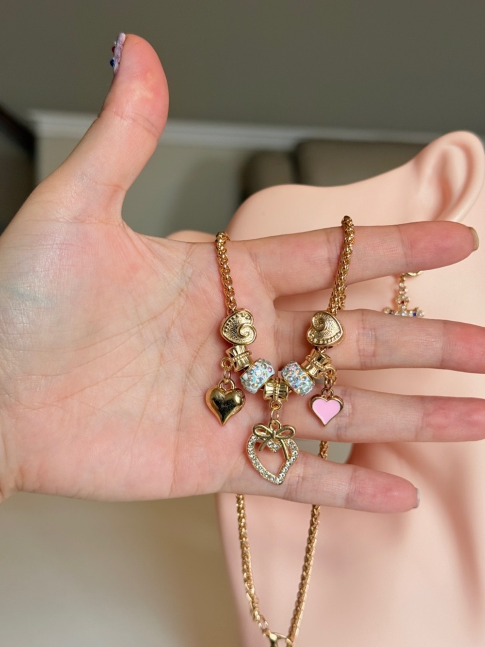 Gold-Tone Heart Charm Necklace with Pink Accent Beads - Picture 6 of 8